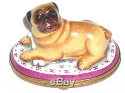 Artoria Hand Painted Limoges Box Black-Faced Pug Dog on Oval Trinket Box