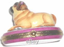 Artoria Hand Painted Limoges Box Black-Faced Pug Dog on Oval Trinket Box