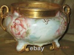 Atq Limoges Hand Painted Ferner Jardiniere Planter Roses & Gold
