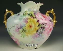 Austria Hand Painted Multicolor Roses Handled 11 Pillow Vase