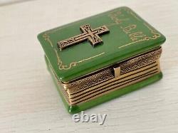 BEAUTIFUL LIMOGES BOX GREEN BIBLE With CHERUB INSIDE, HAND PAINTED & SIGNED LIMOGE