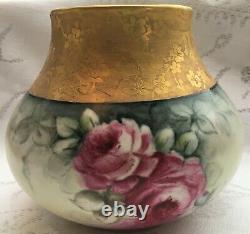 B & C Limoges France Hand Painted Red Roses/ Heavy Gold Gild Vase (600)
