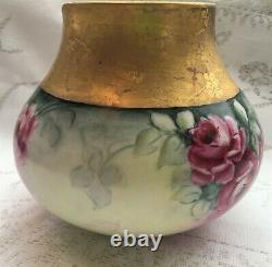 B & C Limoges France Hand Painted Red Roses/ Heavy Gold Gild Vase (600)
