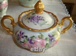 Bavaria Germany Hand Painted Signed Tea Set, Pot Sugar & Creamer Roses & Violets