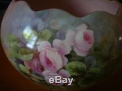 Bavaria Hand Painted Signed Jardiniere, Vase, Bowl, Planter, Pink Roses, 8