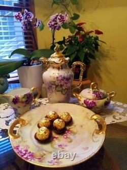 Bavaria Limoges Hand Painted Violet Chocolate Pot /Creamer/Sugar / Charger Set