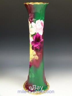 Beautiful Belleek Artist E. Challinor Hand Painted Roses Tall 16 Vase