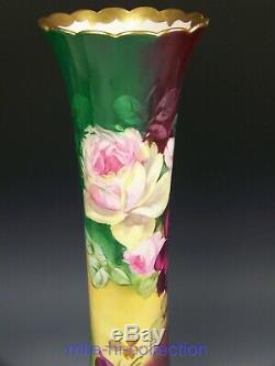 Beautiful Belleek Artist E. Challinor Hand Painted Roses Tall 16 Vase