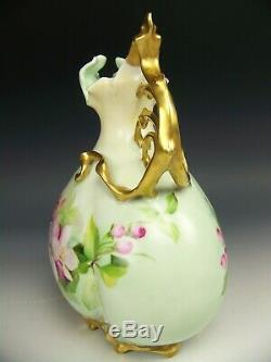 Beautiful Hand Painted Blossom Roses 8.5 Ewer Pitcher Vase Gold Handle