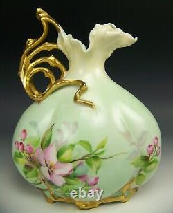 Beautiful Hand Painted Blossom Roses 8.5 Ewer Pitcher Vase Gold Handle