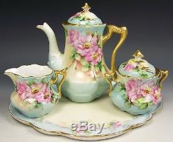 Beautiful Limoges Hand Painted Roses Tea Pot Creamer Sugar & Tray Artist Signed