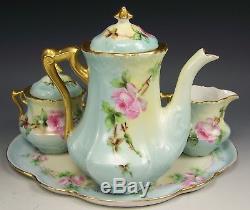 Beautiful Limoges Hand Painted Roses Tea Pot Creamer Sugar & Tray Artist Signed