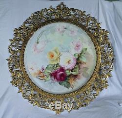 Breathtaking RARE 18 1/2 T&V Limoges Porcelain Plaque with HAND PAINTED ROSES