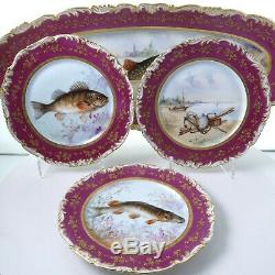 C1890 T&V Limoges 15pc Fish Set Gravy Platter 12 Plates Hand Painted Porcelain