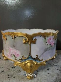C1910 Large Limoges Footed Cachepot heavy gold hand painted roses