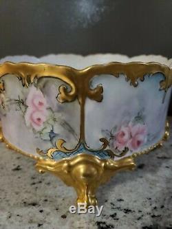 C1910 Large Limoges Footed Cachepot heavy gold hand painted roses