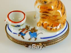CHAMART France Limoges Hinged Lid Trinket Box, Orange Cat with Hand Painted Mice