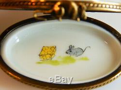 CHAMART France Limoges Hinged Lid Trinket Box, Orange Cat with Hand Painted Mice