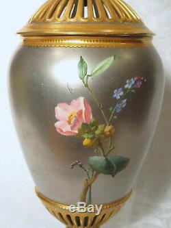 Circa 1860 Paris Porcelain Potpourri Urn Vase Platinum Gold Hand Painted Roses