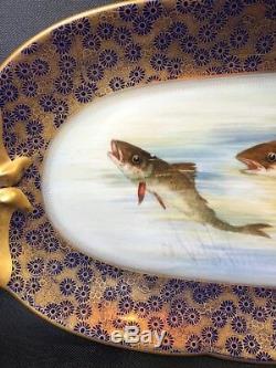 Cobalt & Gold Rim Hand Painted Fish Platter 25 3/4 D & Co/ B & Co Limoges 13