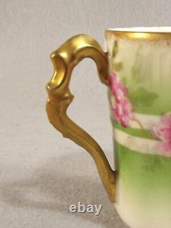Coiffe Limoges Coronet 1890s Chocolate Cup Saucer Hand Painted Pink Roses Gilded