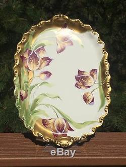 Coiffe Limoges Platter Artist Signed Art Nouveau Hand Painted Tulips Thick Gold