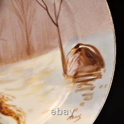 Coronet Limoges Plate 10 1/4 Gold 1920's Hand Painted René Forest Winter Scene