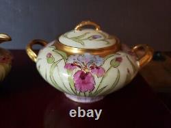 Creamer & Sugar Bowl with lid, Limoges France GDA Hand Painted Iris Artist Signed