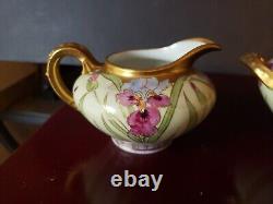 Creamer & Sugar Bowl with lid, Limoges France GDA Hand Painted Iris Artist Signed