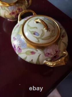 Creamer & Sugar Bowl with lid, Limoges France GDA Hand Painted Iris Artist Signed