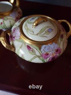 Creamer & Sugar Bowl with lid, Limoges France GDA Hand Painted Iris Artist Signed