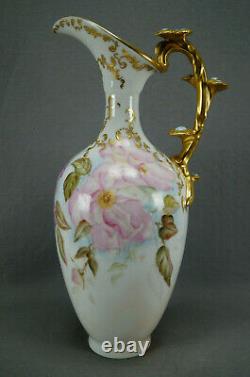 D & C Limoges Hand Painted Pink & Yellow Roses Gold Mushroom Handle Pitcher Ewer