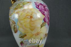 D & C Limoges Hand Painted Pink & Yellow Roses Gold Mushroom Handle Pitcher Ewer