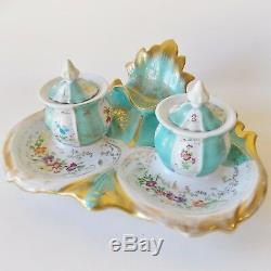 Divine Antique Paris Porcelain Style Turquoise Double Inkwell Hand Painted