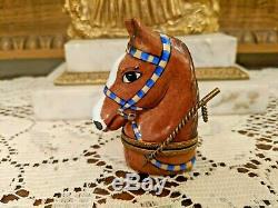 EQUESTRIAN HANDPAINTED LIMOGES FRANCE HORSE HEAD TRINKET BOX WithRIDING CROP CLASP