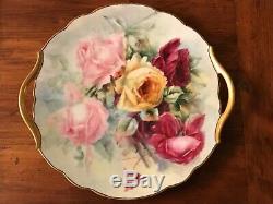 EXQUISITE 11 SIGNED Limoges BIG ROSES CAKE SERVING TRAY PLATE GOLD HAND PAINTED