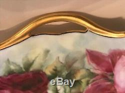 EXQUISITE 11 SIGNED Limoges BIG ROSES CAKE SERVING TRAY PLATE GOLD HAND PAINTED