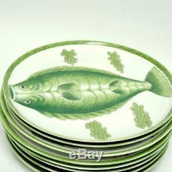 Eight (8) Rare Vintage Pillivuyt Limoges Fish Plates Hand Painted Green/white