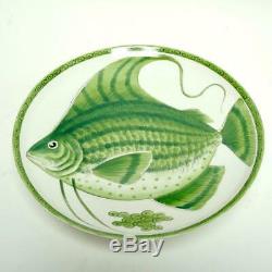 Eight (8) Rare Vintage Pillivuyt Limoges Fish Plates Hand Painted Green/white