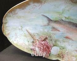 Elegant Antique Porcelain 1890s Hand Painted Limoges Seven Piece Fish Set