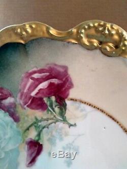 Elegant Limoges Antique Hand Painted And Signed Porcelain 12 Inch Wild Roses