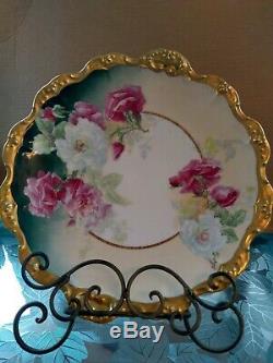 Elegant Limoges Antique Hand Painted And Signed Porcelain 12 Inch Wild Roses