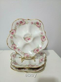 Elite Limoge Antique Set of 3 Oyster Plates Hand Painted Roses and Gilded 8.75