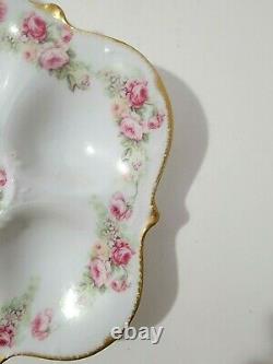 Elite Limoge Antique Set of 3 Oyster Plates Hand Painted Roses and Gilded 8.75