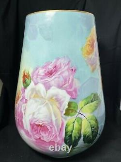 Enormous Limoges France Artist Signed Duval Hand Painted Roses Vase! Exceptional