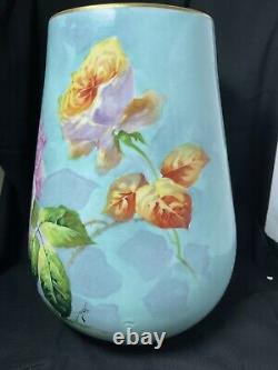 Enormous Limoges France Artist Signed Duval Hand Painted Roses Vase! Exceptional
