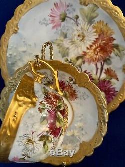 Exquisite Limoges B & H Hand Painted Gold Encrusted Trio Plate Cup Saucer c. 1900