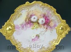 Exquisite Limoges Hand Painted Lilacs Mums With Rococo Gold Handles 15.5 Plaque