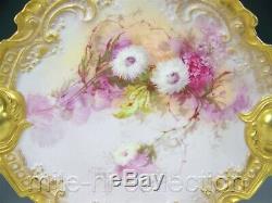 Exquisite Limoges Hand Painted Lilacs Mums With Rococo Gold Handles 15.5 Plaque