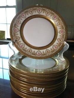 Exquisite Set Of 12 French Limoges Hand Painted Roses Gold Encrusted Plates